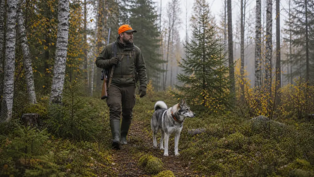 Jakt, skogsglänta i gryning, dimma