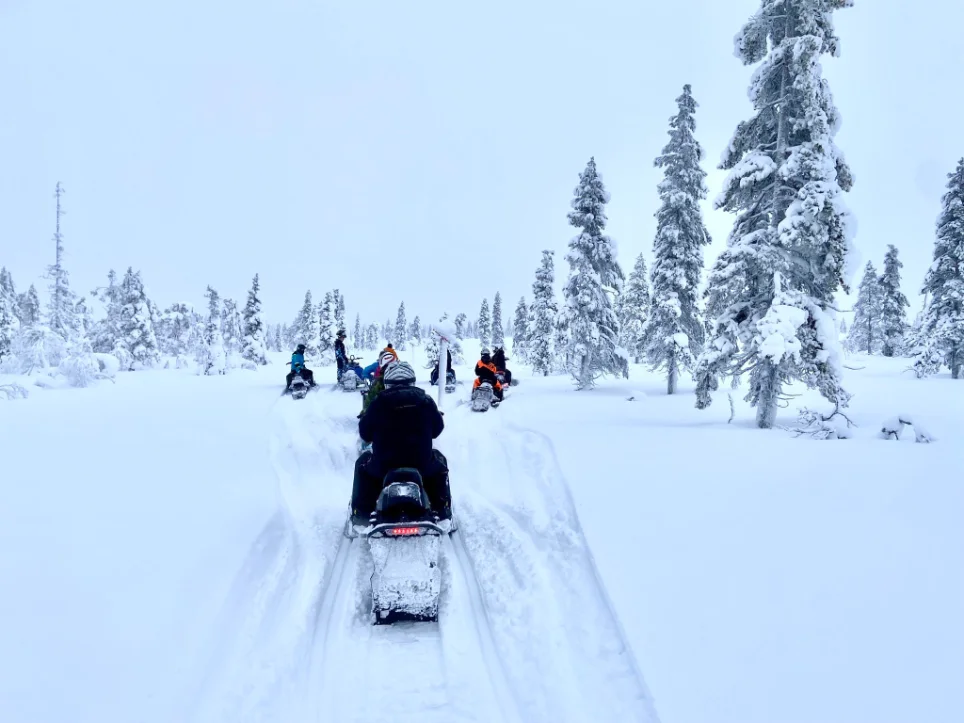 Guidad skotertur, grupp på fjället, blå himmel
