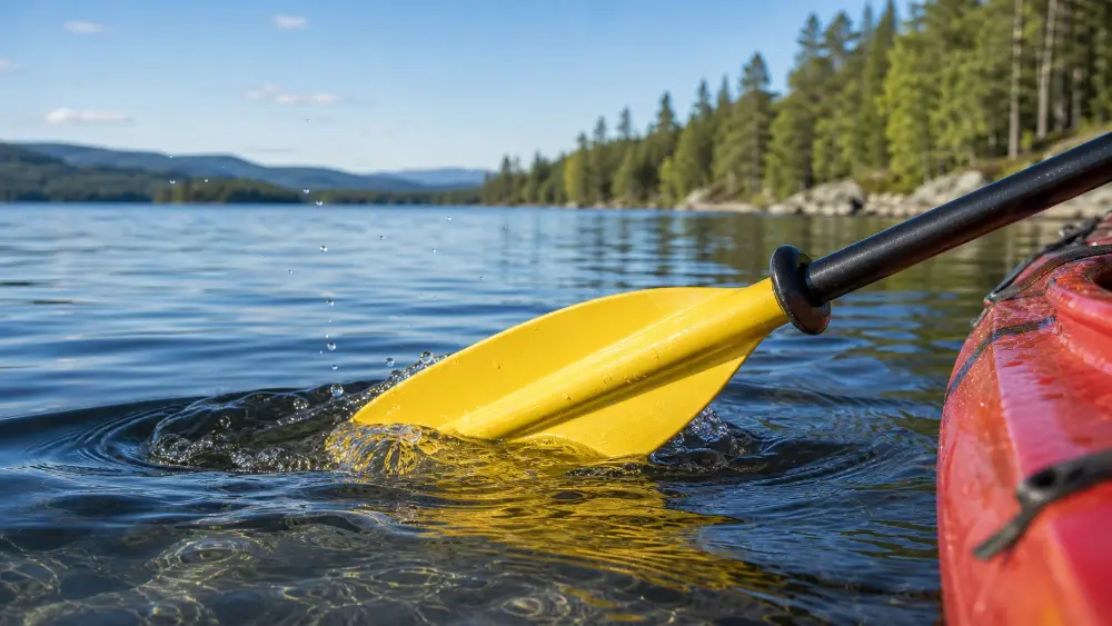 Kajak vid Lakavattnet, paddel mot trä