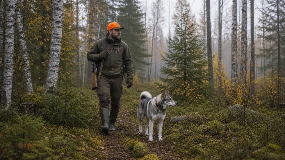 Skog i gryning, höstfärg, dimma