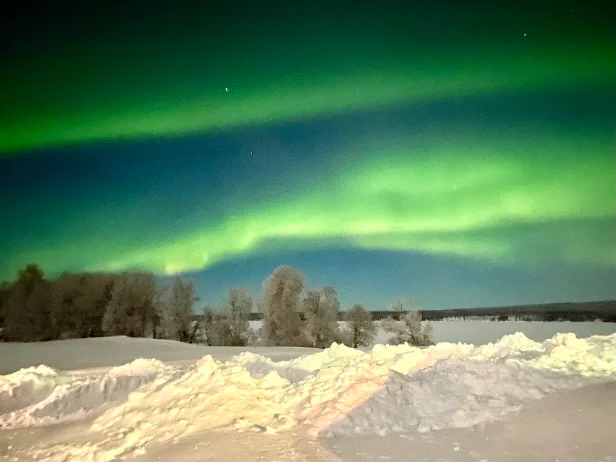 Norrsken, gröna sjok över snötäckt skog