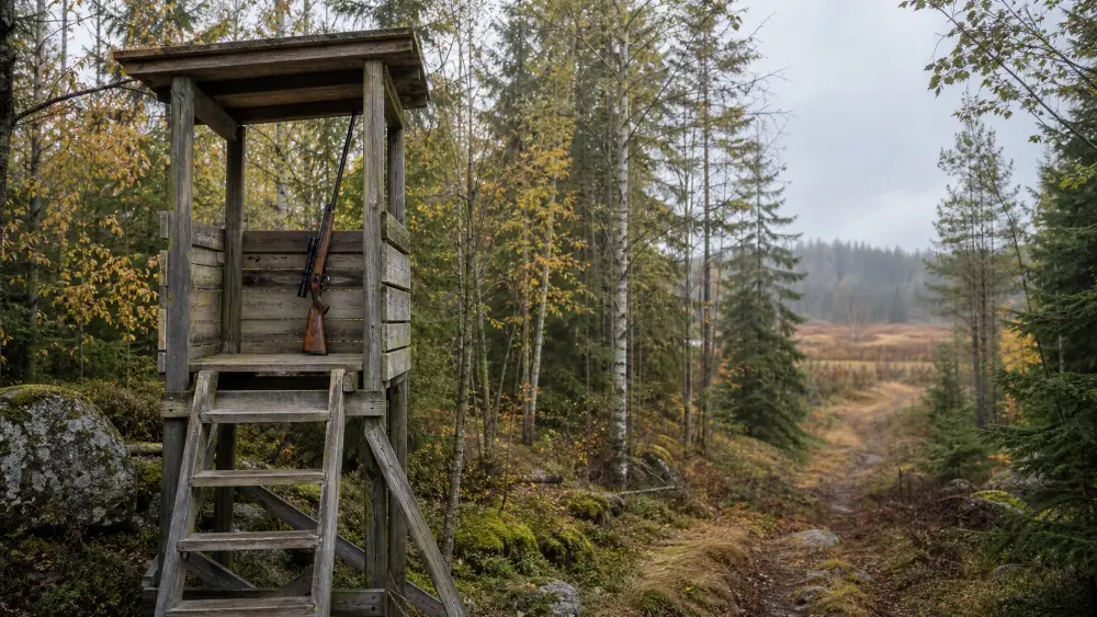 Jakt, skogsglänta i gryning, dimma